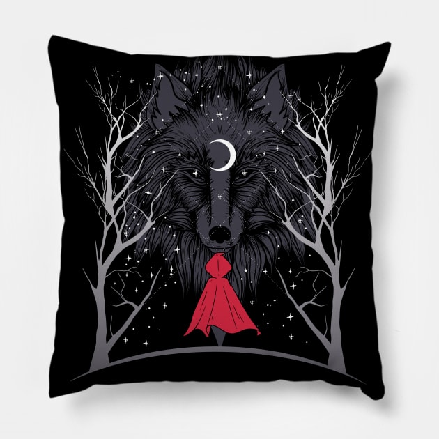 Little Red Ridding Hood Creepy Wolf Crescent Moon Midnight Mystery Pillow by Kali Space