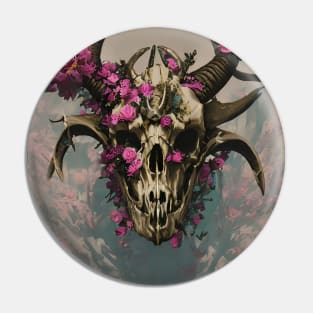 Horned Skull With Flowers Growing Out Of It Pin