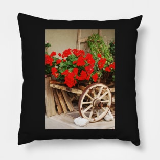 Red Geraniums on Antique Wooden Cart 2 Pillow