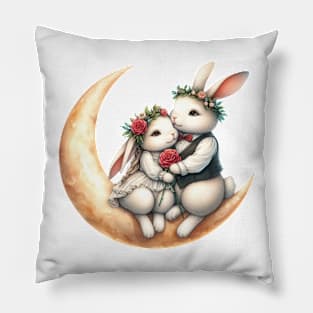 Valentine Rabbit Couple on Moon Pillow