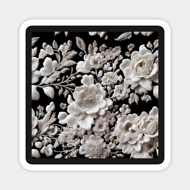 Intricate filigree lacework of white flowers on black backdrop Magnet by UmagineArts