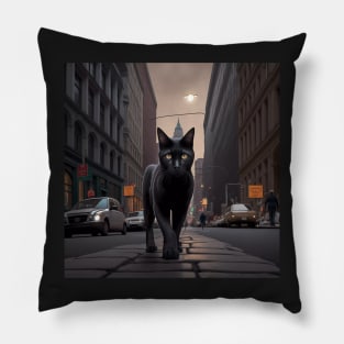 Digital art, Black Cat walking down a street in the city Sticker Pillow