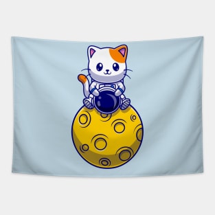 Cute Astronaut Cat Sitting On Moon Cartoon Tapestry