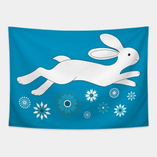 Water Rabbit with Chinese flowers - Lunar New Year - white, teal and navy - by Cecca Designs Tapestry