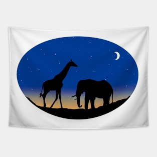 Giraffe - Elephant - Stars - Moon Tapestry