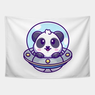 Cute panda flying with spaceship ufo cartoon Tapestry