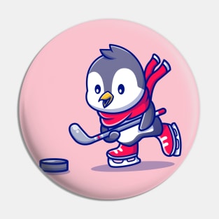 Cute Penguin Playing Hockey Cartoon Pin