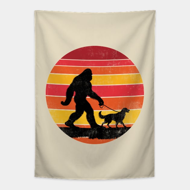 Bigfoot Walking Golden Retriever Dog Vintage Distressed Tapestry by Cuteness Klub