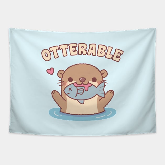 Cute Otter With Fish Otterable Funny Tapestry by rustydoodle