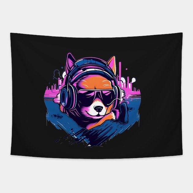 Shiba Inu wears headphones - synth wave style Tapestry by ro83land