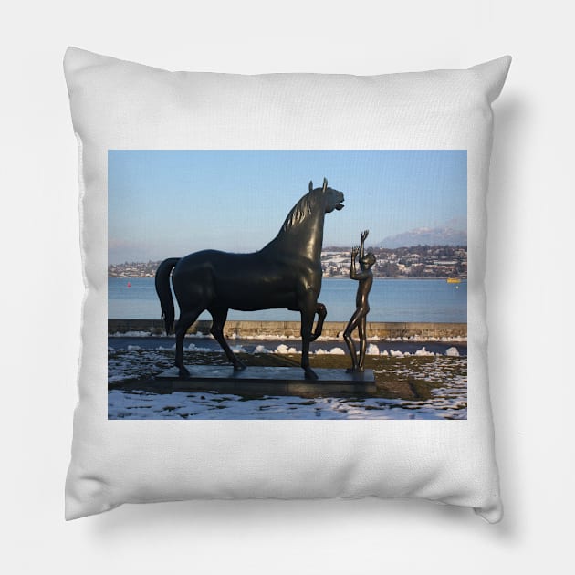"L'homme et le cheval" - a statue by Schwarz. Parc Mon-Repos,  Geneva, Switzerland Pillow by IgorPozdnyakov