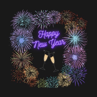 Happy New Year Fireworks with Champagne Flutes T-Shirt