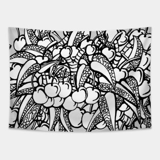 Pen & Ink Black & White Big Bunch of Cherries & Flowers Tapestry