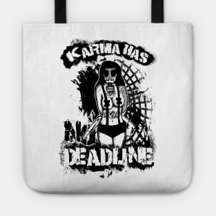 Pin-up Girl with Gasmask, Karma has no Deadline T-Shirt Tote