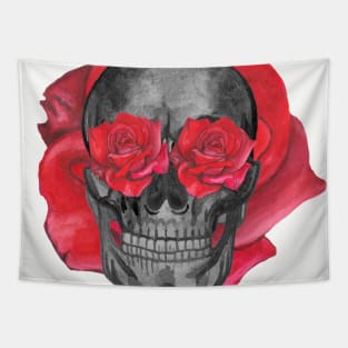 Human skull with red roses Tapestry