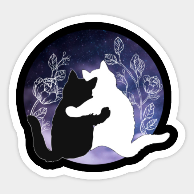 Black And White Cats Hugging Galaxy Floral Background Cats Sticker Teepublic