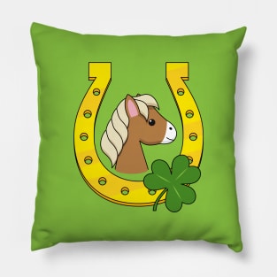 Cute Brown Horse with Golden Horse Shoe and Shamrock Pillow