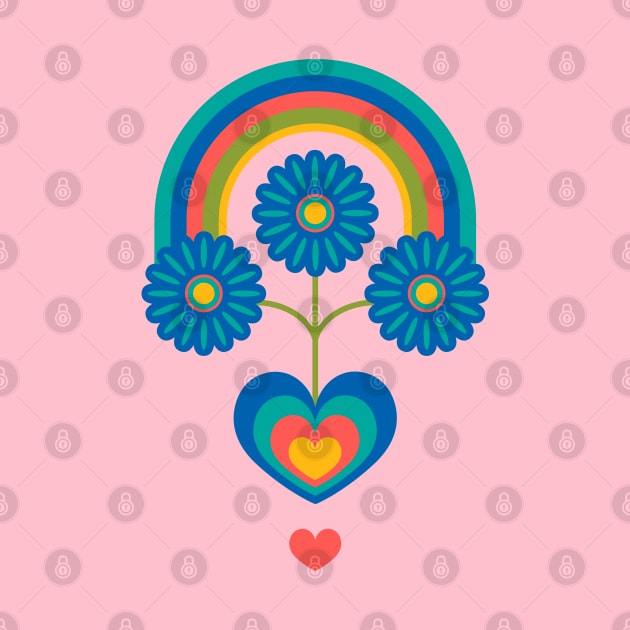 UNDER THE RAINBOW Folk Art Mid-Century Modern Scandi Floral With Flowers and Hearts on Pink - UnBlink Studio by Jackie Tahara by UnBlink Studio by Jackie Tahara