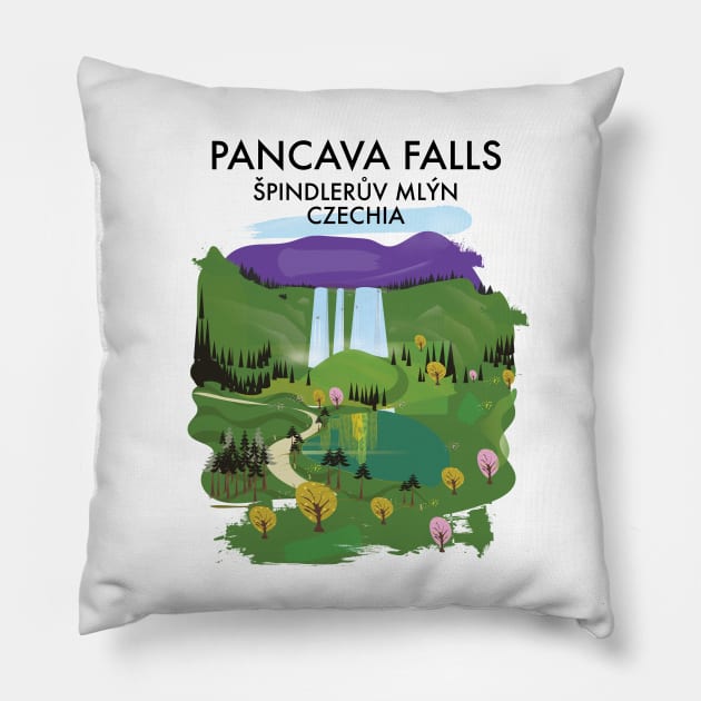 Pancava Falls Špindlerův Mlýn, Czechia travel poster. Pillow by nickemporium1