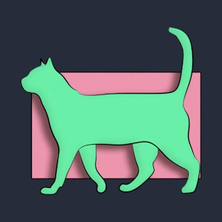 Green walking cat with pink background T-Shirt