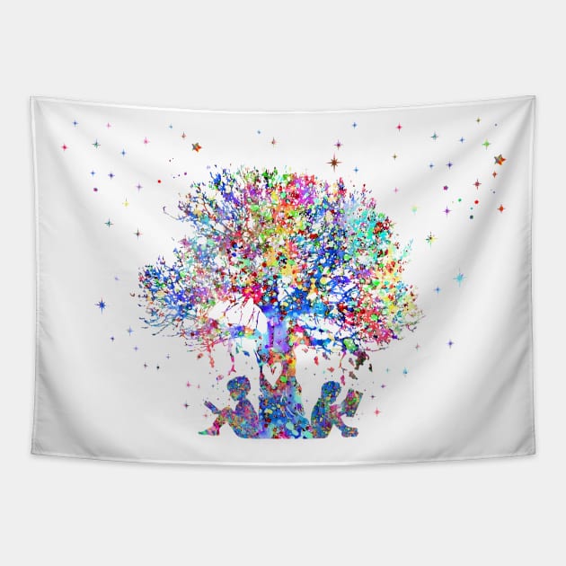 Kids reading under tree Tapestry by RosaliArt