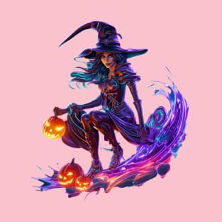 Halloween Witch On Broomstick T-Shirt