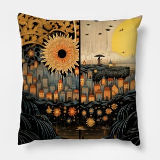 Summer & Rain Stylized Village Pillow