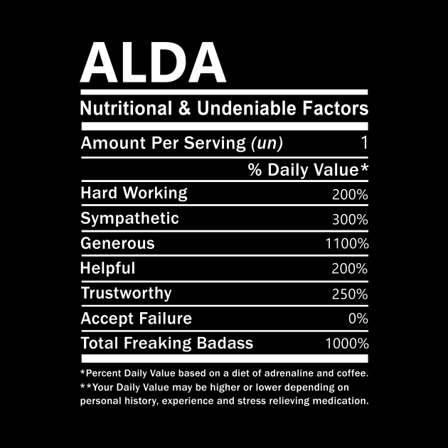 Alda Name T Shirt - Alda Nutritional and Undeniable Name Factors Gift Item Tee by nikitak4um