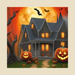 Halloween House with spooky trees and pumpkins T-Shirt