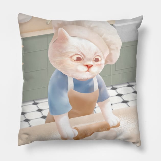 Cat In Chef Hat Rolling Dough at Kitchen Pillow by zkozkohi