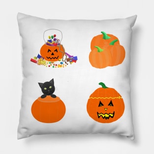 Halloween Pumpkins, Candy and Black Cat (White Background) Pillow