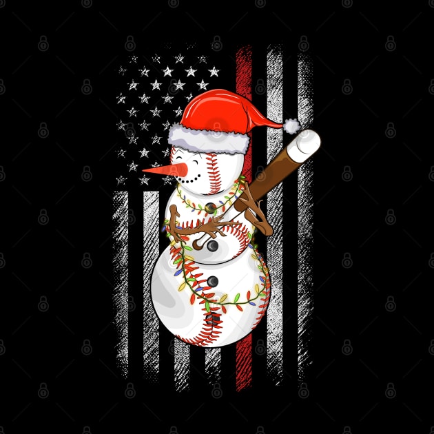 Christmas Snowman Playing Baseball with Us Flag Background by Sandra Holloman