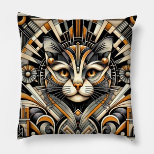 Art Deco Inspired Geometric Cat Portrait - Modern Feline Elegance Artwork Pillow