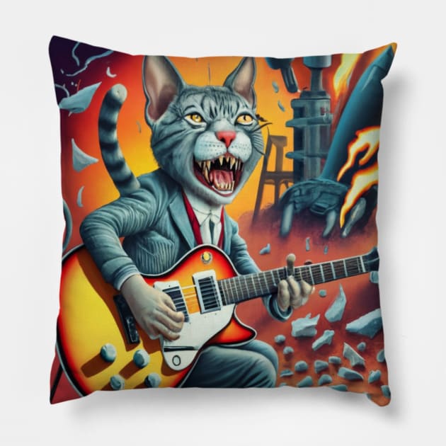 cat rocket demon guitar Pillow by Catbrat