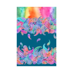 Rainbow Paisley Rain on Blue T-Shirt