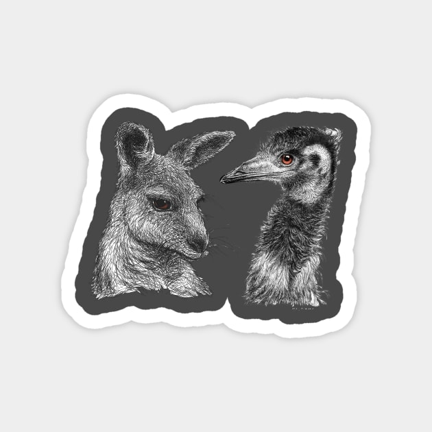 Australian Kangaroo and Emu Drawing Design - Australiana Magnet by nadyawildlife