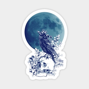 Blue raven and moon with skull and crow, skeleton eucaliptus leaves Magnet