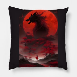 Red moon wolf night Pillow