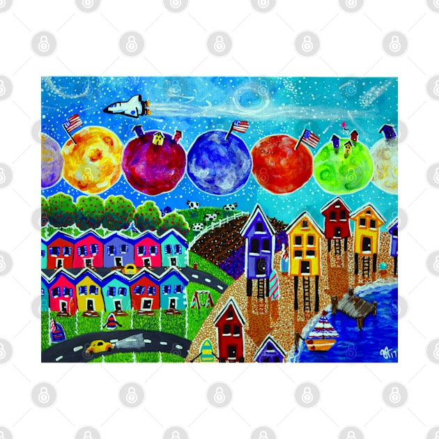 A Colorful World Village Beach Space Shuttle Planets Stars Boats Cows Homes Ocean Farms Flags by JackieCarpenterArt