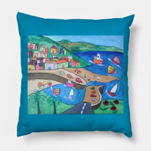 Naive painting of Mousehole Harbour Pillow