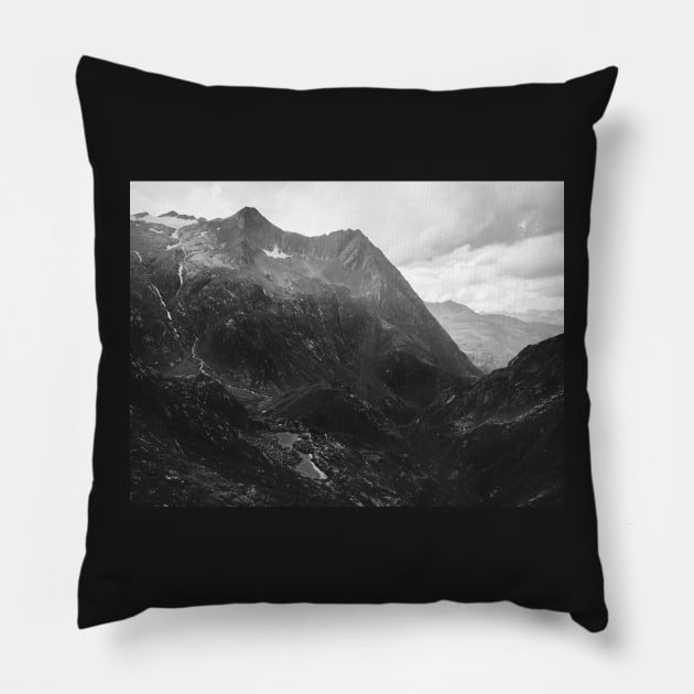 Swiss Alpine Mountain Landscape in Black and White Pillow by visualspectrum