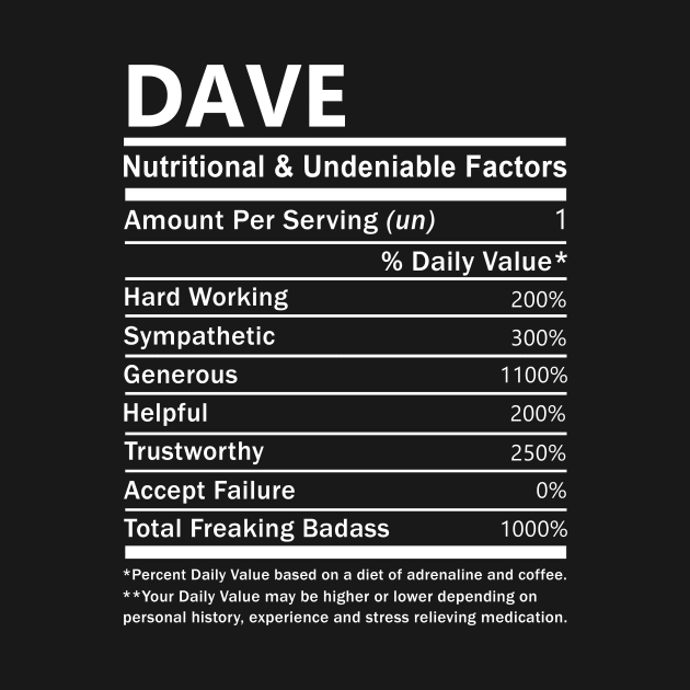 Dave Name T Shirt - Dave Nutritional and Undeniable Name Factors Gift Item Tee by nikitak4um