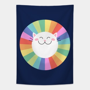 Happy Smiley Cat on Colorful Rainbow Tapestry