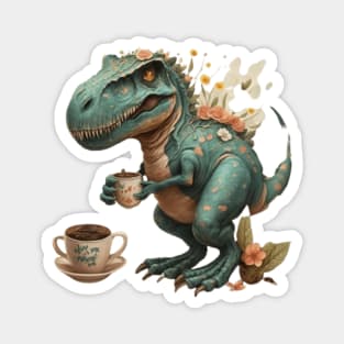 cute trex dinosaur drinking a coffee cute dino coffee time gift ideas ,dinosaur coffee tees gifts Magnet