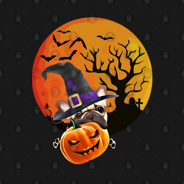 French bulldog, witch hat, scary halloween, jack pumpkin, spooky moon by Collagedream