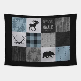 Adventure Awaits Patchwork - Blue, Grey and Black Tapestry