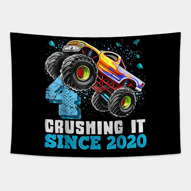 4 Crushing It Since 2020 Monster Truck 4th Birthday Gift Boy Tapestry by elmiragokoryan