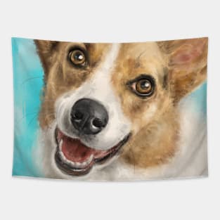 Painting of a Happy Adorable Corgi Dog on Blue Background Tapestry