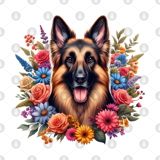 A German shepherd decorated with beautiful colorful flowers. by CreativeSparkzz