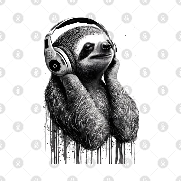 Sloth Painting Wearing Headphones in Black and White by ArtisticCorner